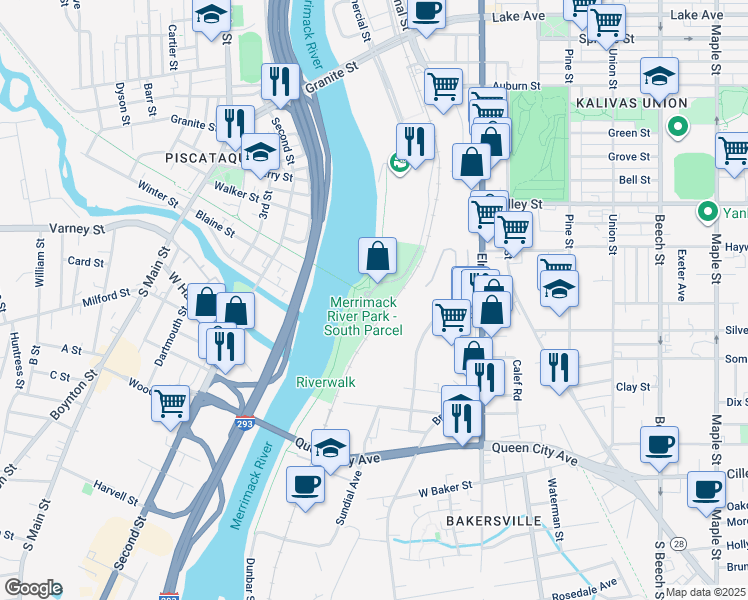 map of restaurants, bars, coffee shops, grocery stores, and more near 80 Riverwalk Way in Manchester