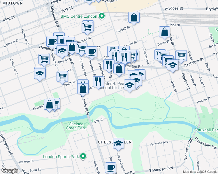 map of restaurants, bars, coffee shops, grocery stores, and more near 666 Trafalgar Street in London