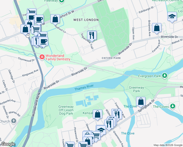 map of restaurants, bars, coffee shops, grocery stores, and more near 398 Old Riverside Drive in London