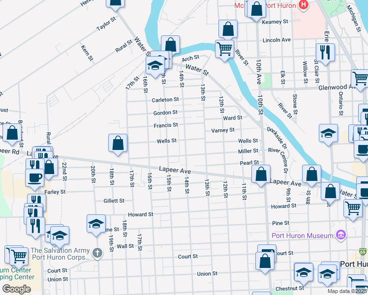 map of restaurants, bars, coffee shops, grocery stores, and more near 601 14th Street in Port Huron