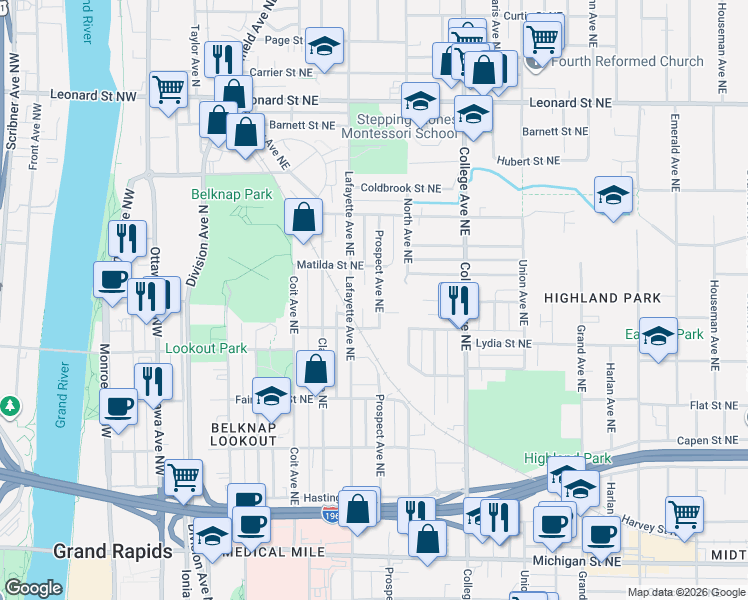 map of restaurants, bars, coffee shops, grocery stores, and more near 814 Prospect Avenue Northeast in Grand Rapids