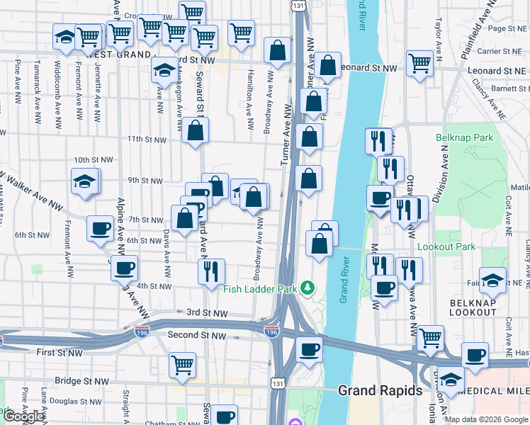 map of restaurants, bars, coffee shops, grocery stores, and more near 809 Turner Avenue Northwest in Grand Rapids