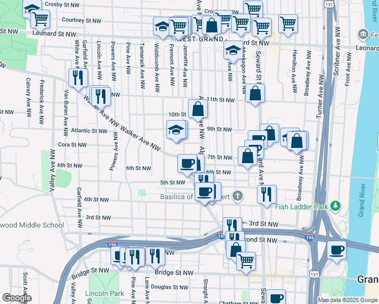 map of restaurants, bars, coffee shops, grocery stores, and more near 824 7th Street Northwest in Grand Rapids