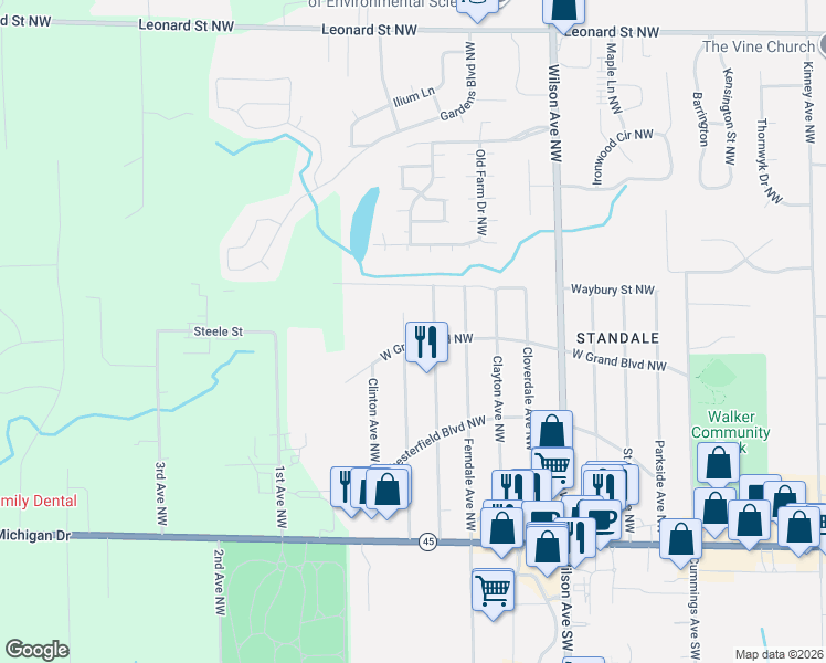 map of restaurants, bars, coffee shops, grocery stores, and more near 4612 West Grand Boulevard Northwest in Grand Rapids