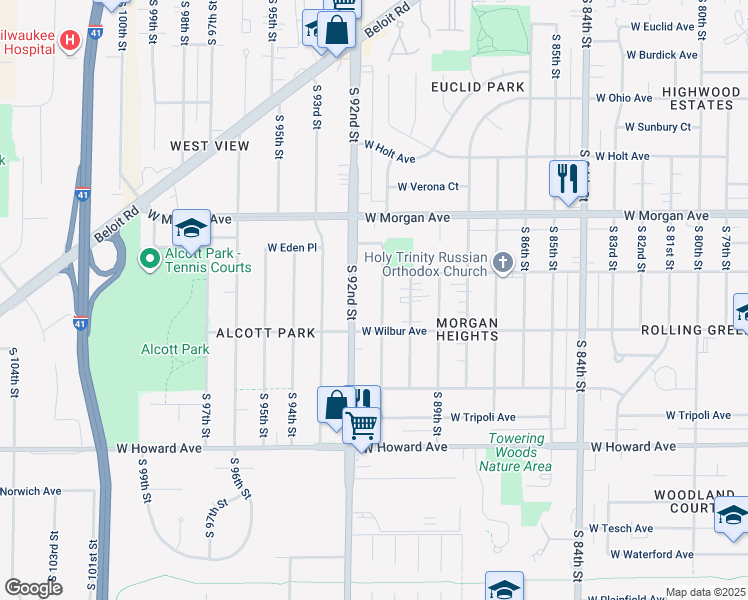 map of restaurants, bars, coffee shops, grocery stores, and more near 3650 South 91st Street in Milwaukee