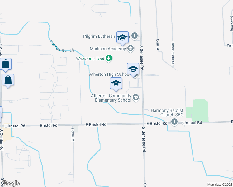 map of restaurants, bars, coffee shops, grocery stores, and more near 3444 South Genesee Road in Burton