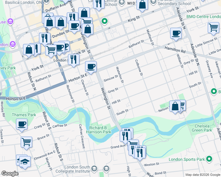 map of restaurants, bars, coffee shops, grocery stores, and more near 292 Grey Street in London