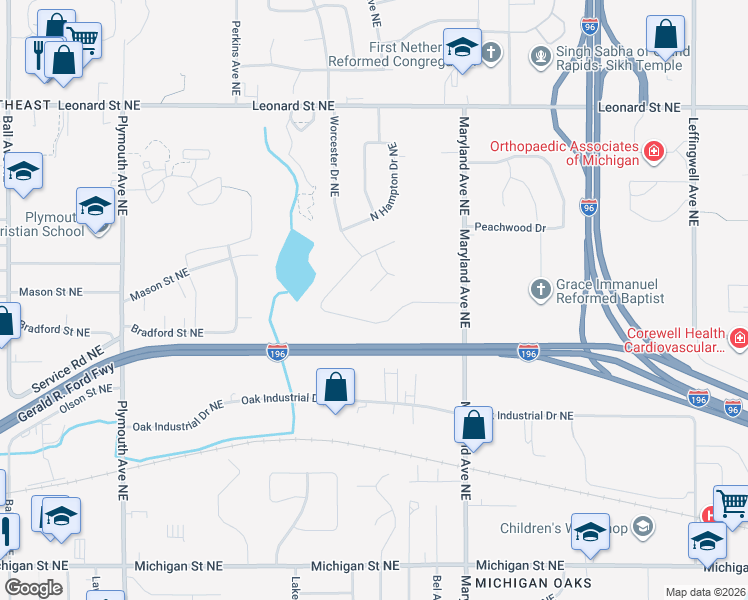 map of restaurants, bars, coffee shops, grocery stores, and more near 2224 Bradford Court Northeast in Grand Rapids