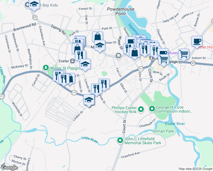 map of restaurants, bars, coffee shops, grocery stores, and more near 80 Front Street in Exeter