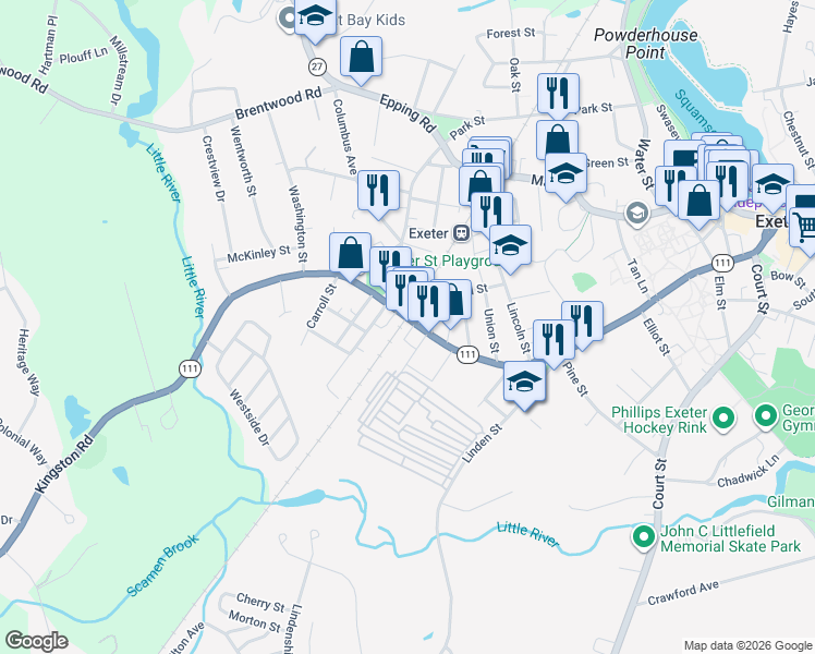 map of restaurants, bars, coffee shops, grocery stores, and more near 142 Front Street in Exeter