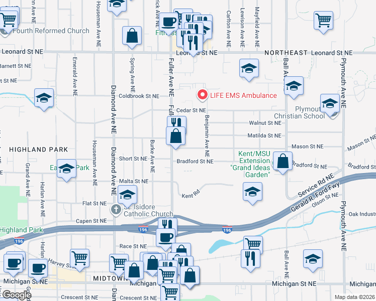map of restaurants, bars, coffee shops, grocery stores, and more near 1231 Bradford Street Northeast in Grand Rapids