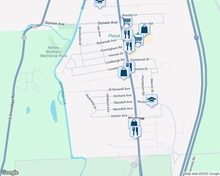 map of restaurants, bars, coffee shops, grocery stores, and more near 131 West Roswell Avenue in Nedrow