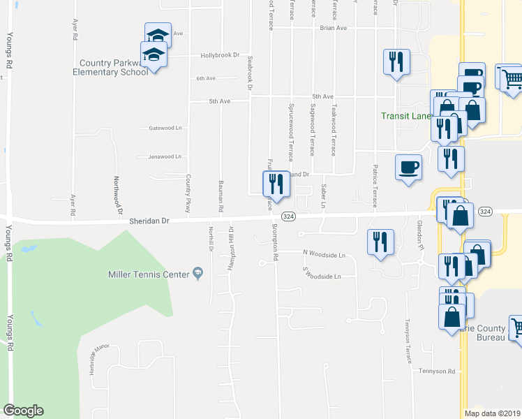 map of restaurants, bars, coffee shops, grocery stores, and more near 6030 Sheridan Drive in Buffalo