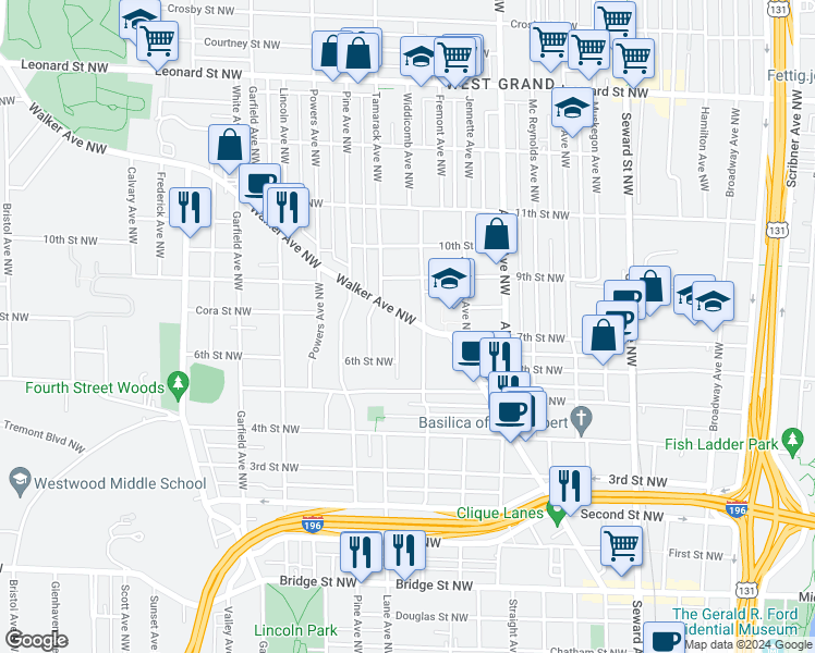 map of restaurants, bars, coffee shops, grocery stores, and more near 914 Walker Avenue Northwest in Grand Rapids