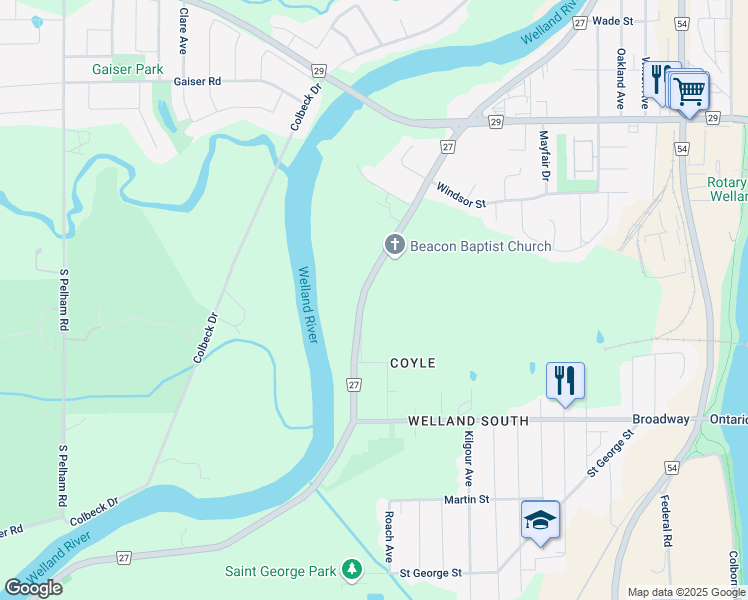 map of restaurants, bars, coffee shops, grocery stores, and more near 309 Riverside Drive in Welland