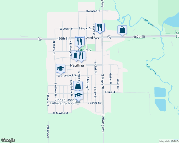 map of restaurants, bars, coffee shops, grocery stores, and more near East Groesbeck Street in Paullina