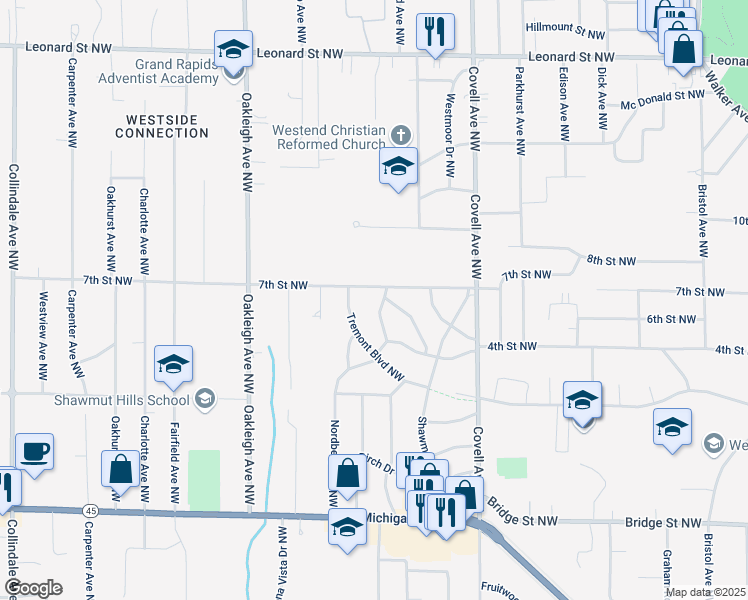map of restaurants, bars, coffee shops, grocery stores, and more near 751 Old Gate Road Northwest in Grand Rapids