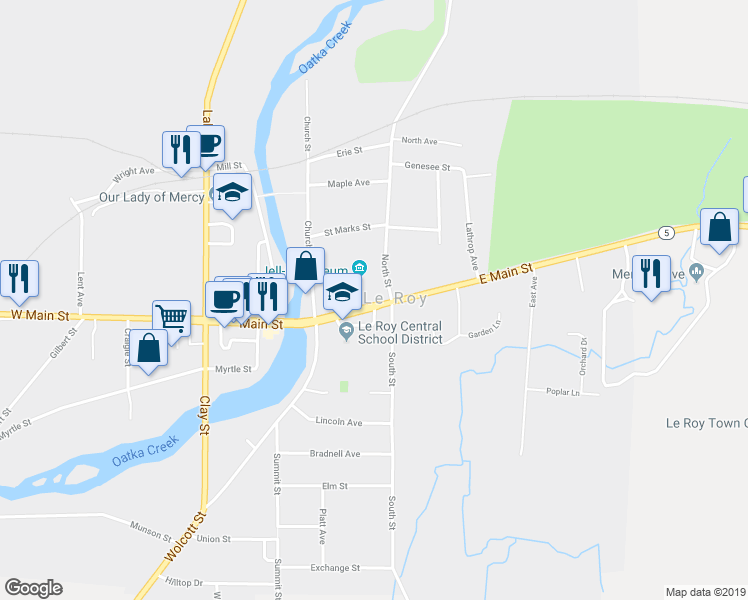 map of restaurants, bars, coffee shops, grocery stores, and more near 27 East Main Street in Le Roy