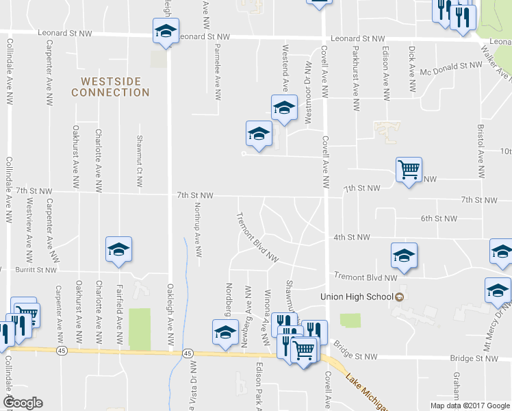 map of restaurants, bars, coffee shops, grocery stores, and more near 751 Old Gate Road Northwest in Grand Rapids