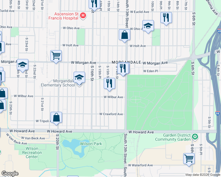 map of restaurants, bars, coffee shops, grocery stores, and more near 3650 South 15th Street in Milwaukee