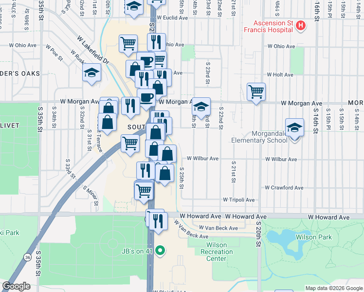 map of restaurants, bars, coffee shops, grocery stores, and more near 3661 South 24th Street in Milwaukee