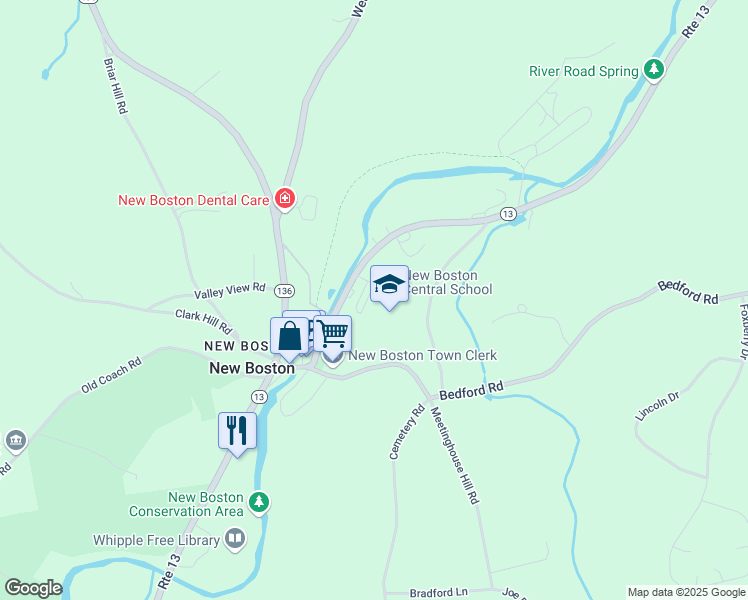 map of restaurants, bars, coffee shops, grocery stores, and more near 15 Central School Road in New Boston