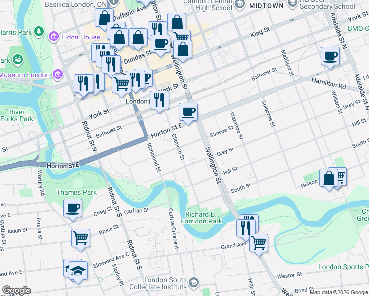 map of restaurants, bars, coffee shops, grocery stores, and more near 225 Simcoe Street in London