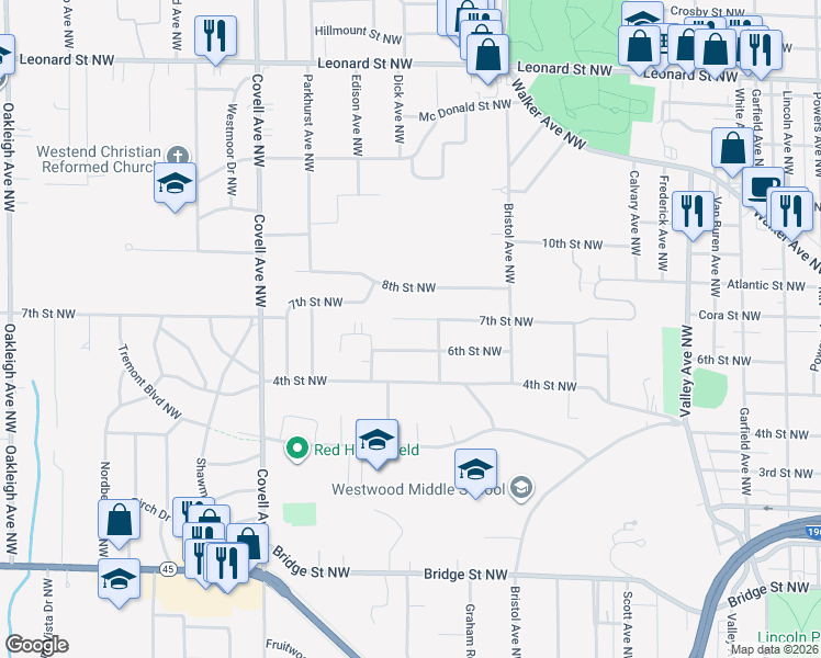 map of restaurants, bars, coffee shops, grocery stores, and more near 1741 6th Street Northwest in Grand Rapids