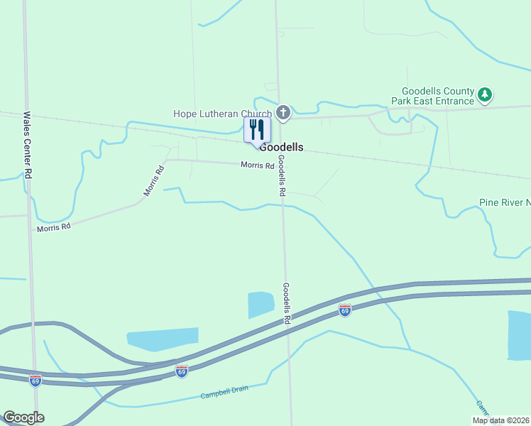 map of restaurants, bars, coffee shops, grocery stores, and more near 2585 Goodells Road in Goodells