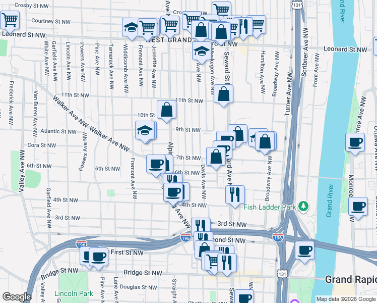 map of restaurants, bars, coffee shops, grocery stores, and more near 715 7th Street Northwest in Grand Rapids