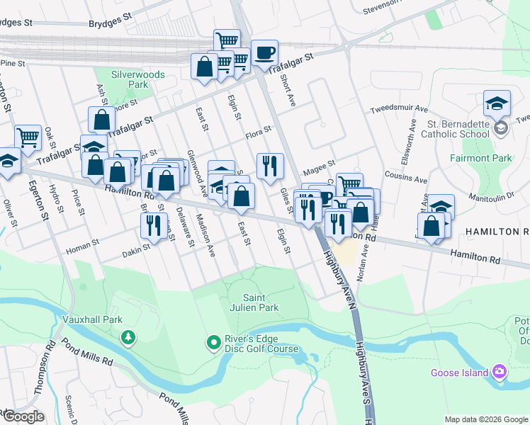 map of restaurants, bars, coffee shops, grocery stores, and more near 893 Hamilton Road in London