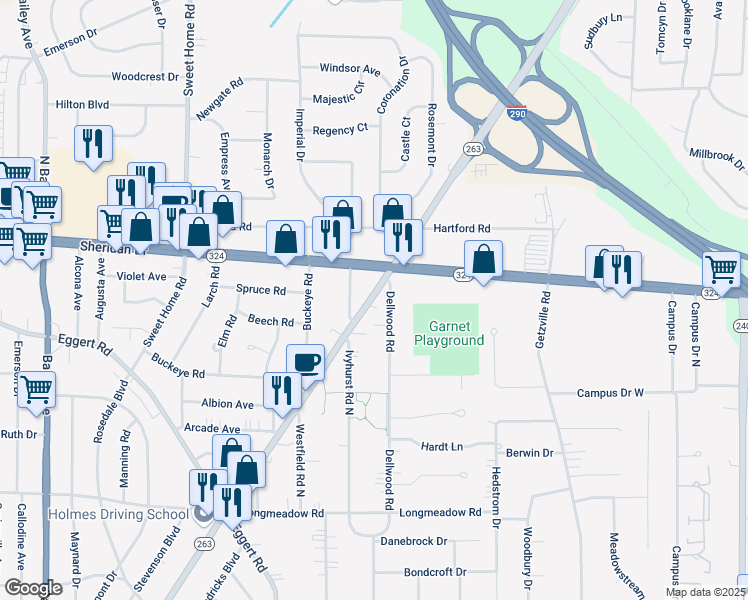 map of restaurants, bars, coffee shops, grocery stores, and more near in Amherst