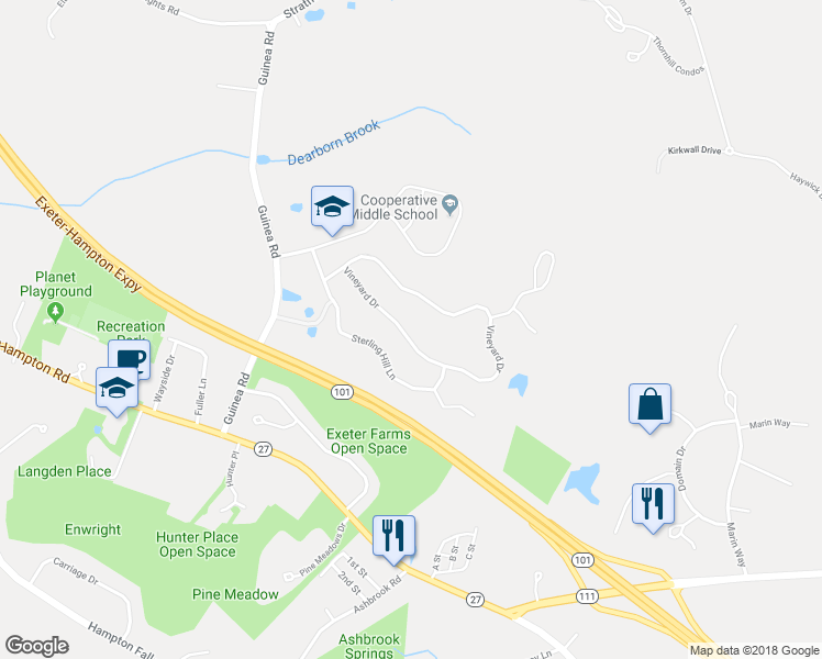 map of restaurants, bars, coffee shops, grocery stores, and more near 38 Vineyard Drive in Stratham