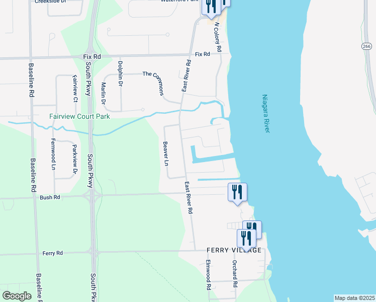 map of restaurants, bars, coffee shops, grocery stores, and more near 595 East River Road in Grand Island