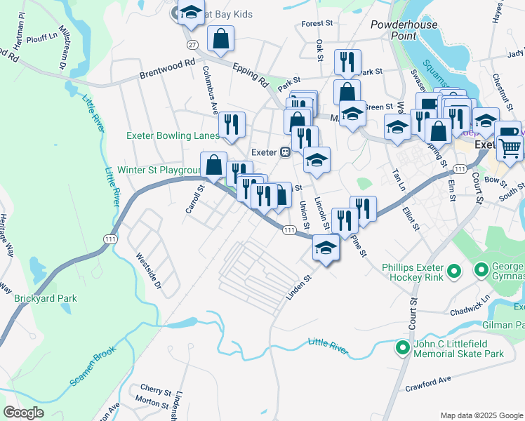 map of restaurants, bars, coffee shops, grocery stores, and more near 142 Front Street in Exeter