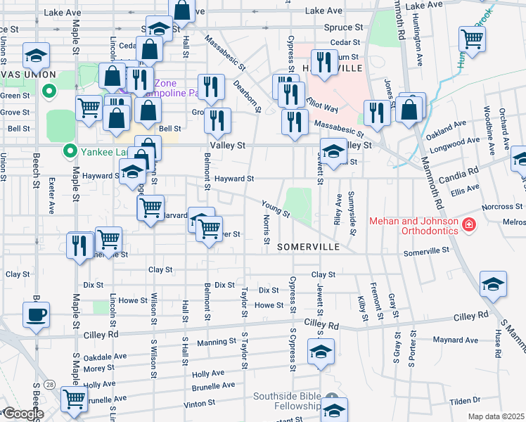 map of restaurants, bars, coffee shops, grocery stores, and more near 90 Norris Street in Manchester