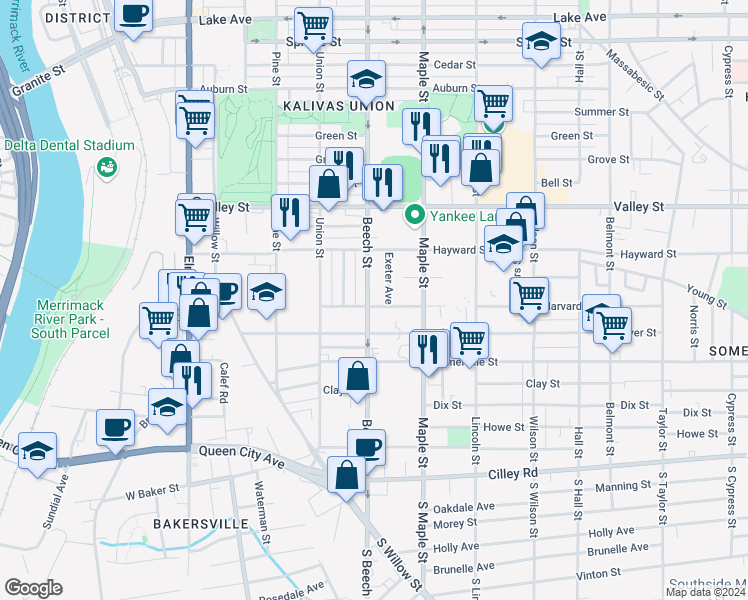map of restaurants, bars, coffee shops, grocery stores, and more near 150 Beech Street in Manchester