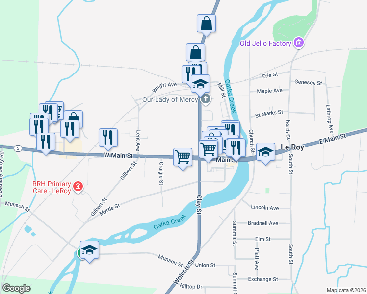 map of restaurants, bars, coffee shops, grocery stores, and more near 22 West Main Street in Le Roy
