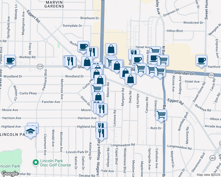 map of restaurants, bars, coffee shops, grocery stores, and more near 877 Niagara Falls Boulevard in Buffalo
