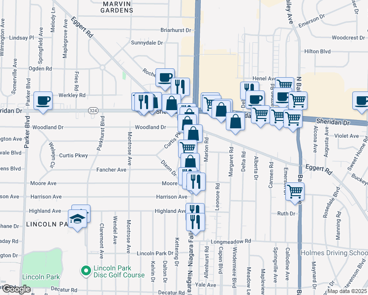 map of restaurants, bars, coffee shops, grocery stores, and more near 874 Niagara Falls Boulevard in Erie County