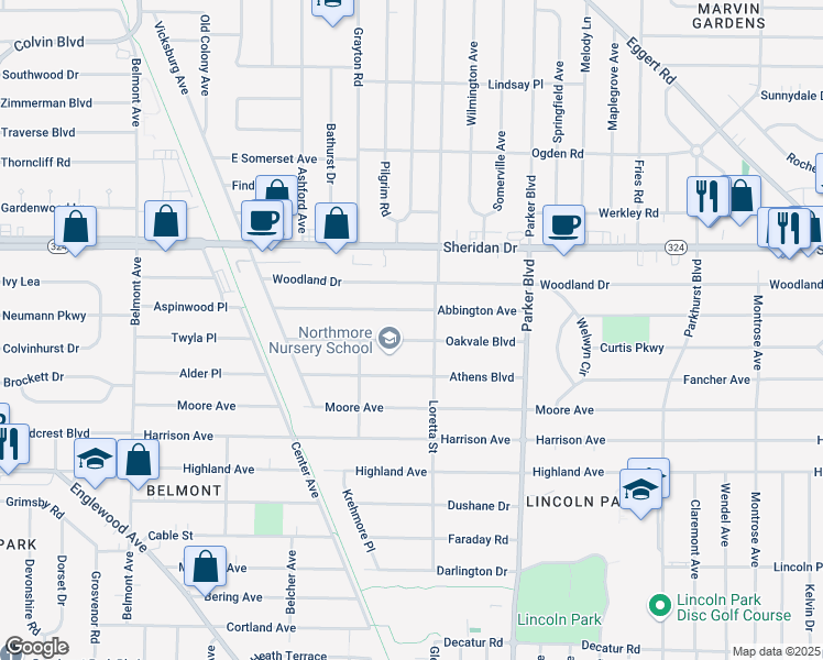 map of restaurants, bars, coffee shops, grocery stores, and more near 315 Oakvale Boulevard in Buffalo
