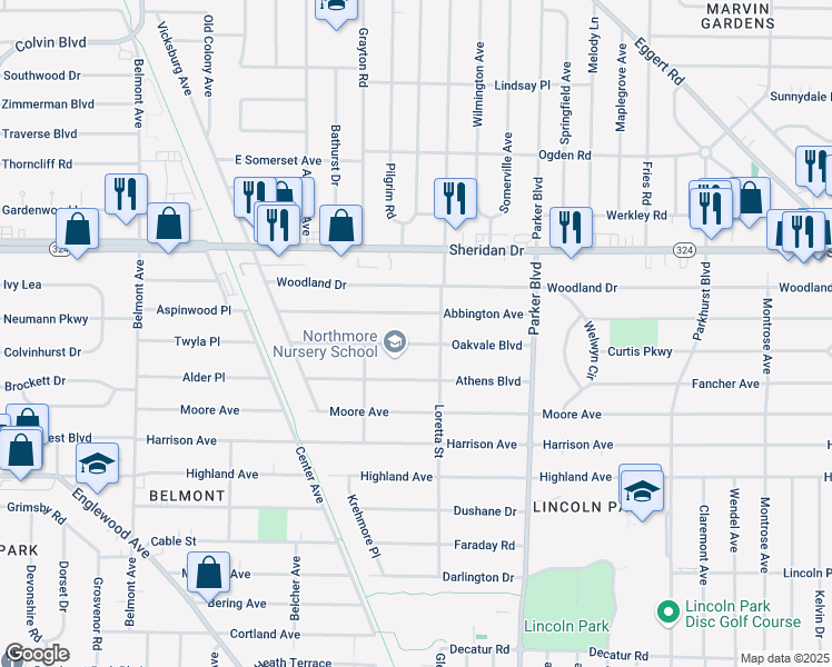 map of restaurants, bars, coffee shops, grocery stores, and more near 315 Oakvale Boulevard in Buffalo