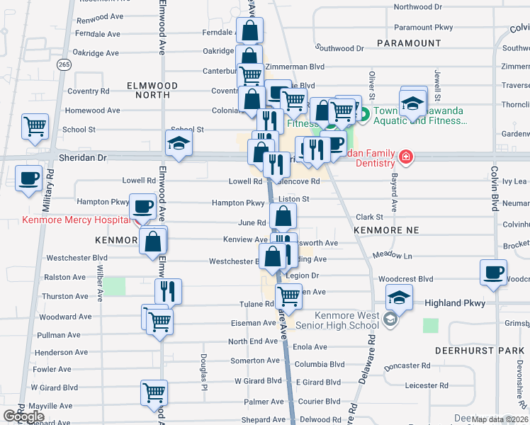 map of restaurants, bars, coffee shops, grocery stores, and more near 21 June Road in Buffalo