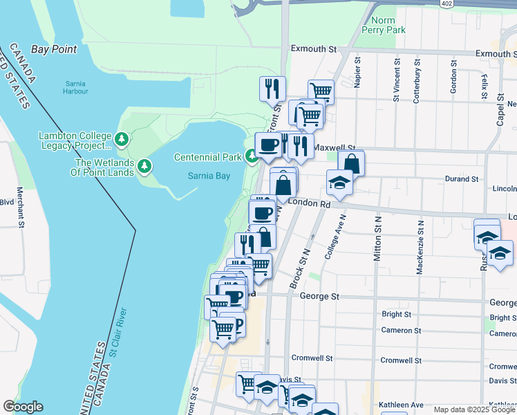 map of restaurants, bars, coffee shops, grocery stores, and more near 340 Front Street North in Sarnia