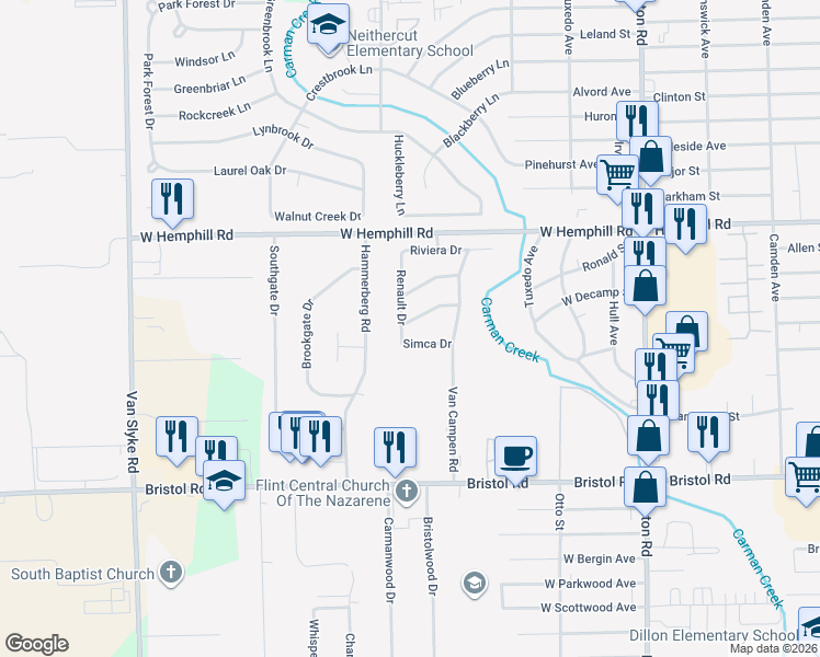 map of restaurants, bars, coffee shops, grocery stores, and more near 1234 Simca Drive in Flint
