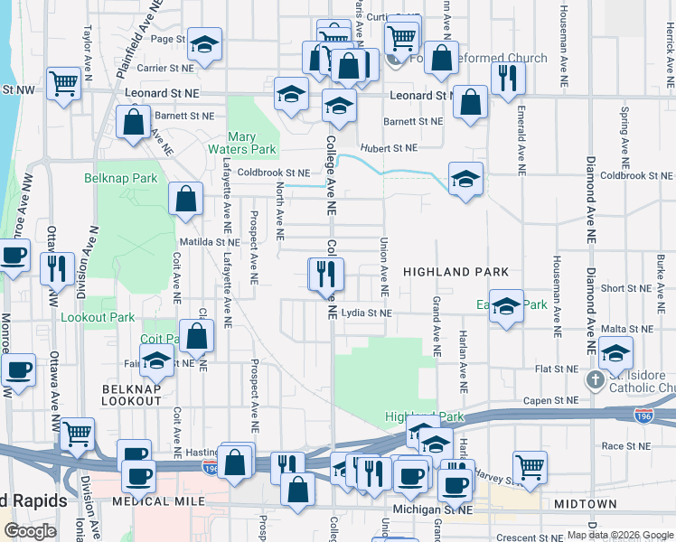 map of restaurants, bars, coffee shops, grocery stores, and more near 821 College Avenue Northeast in Grand Rapids