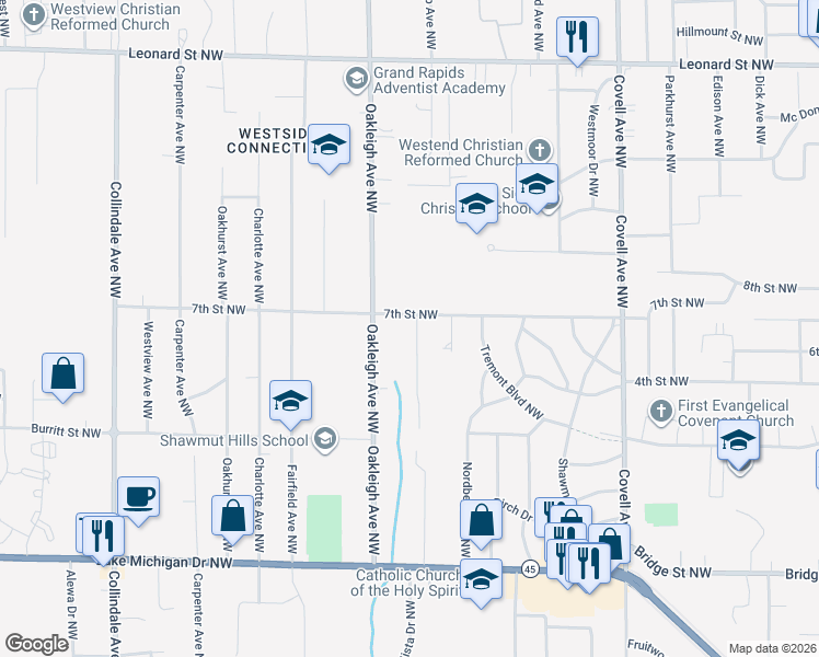 map of restaurants, bars, coffee shops, grocery stores, and more near 730 Northrup Avenue Northwest in Grand Rapids