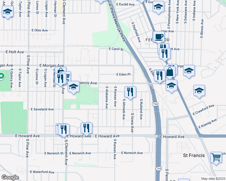 map of restaurants, bars, coffee shops, grocery stores, and more near 3648 South Alabama Avenue in Milwaukee