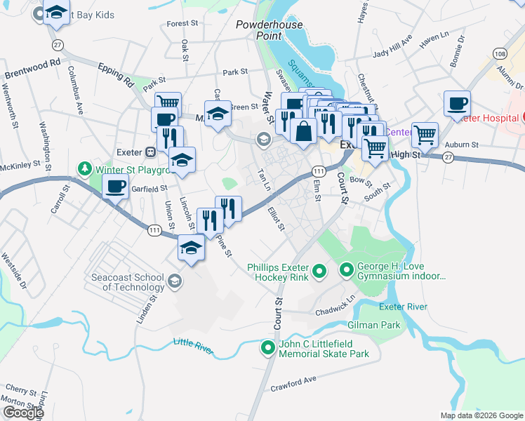 map of restaurants, bars, coffee shops, grocery stores, and more near 70 Front Street in Exeter