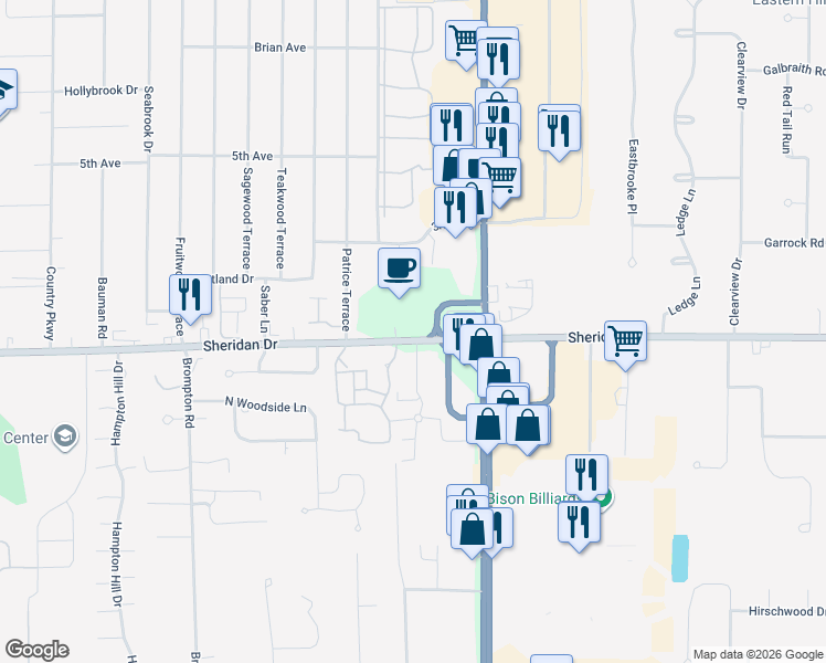map of restaurants, bars, coffee shops, grocery stores, and more near 6400 Sheridan Drive in Buffalo